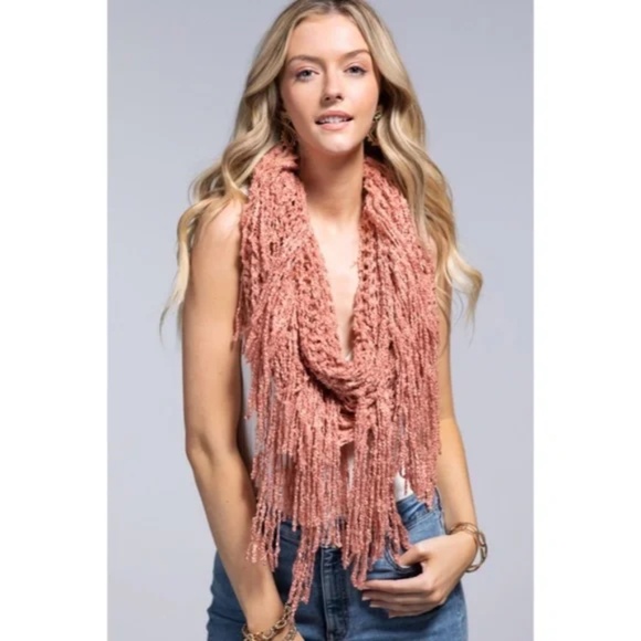 Accessories - Blush Pink Net Boucle Yarn Fringe Winter Fall Casual Women's Scarf